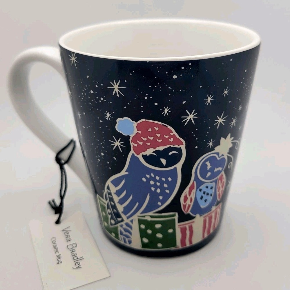 Vera Bradley "Holiday‎ Owls" Ceramic Coffee Mug Festive Whimsical NWT